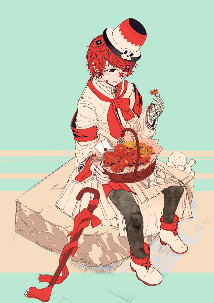 1boy armband bandaged_hand basket black_sclera cane coat commentary_request danaka envelope facial_scar flag flower fukase headset highres holding holding_basket holding_flower looking_at_object looking_down male_focus neckerchief paws point_(vocaloid) pouty_lips red_eyes red_hair red_neckwear rock scar sitting vocaloid white_coat