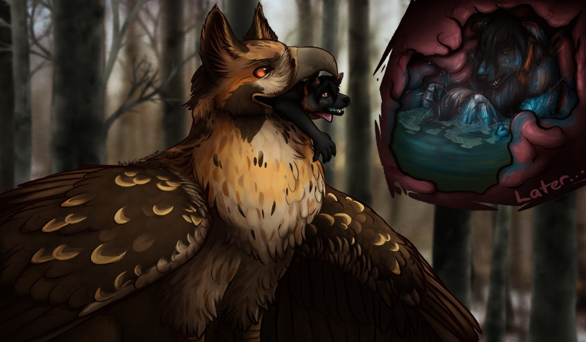 2018 ambiguous_gender ambiguous_pred ambiguous_prey anthro anthro_prey aronai avian black_eyes black_hair black_nose bodily_fluids body_in_mouth brown_body brown_feathers brown_wings canid canine colored digestion digital_drawing_(artwork) digital_media_(artwork) duo english_text fangs feathers feral feral_pred forest fox fur grey_body grey_fur gryphon hair half-closed_eyes hi_res imminent_death imminent_vore internal larger_ambiguous larger_feral lemondeer mammal micro multicolored_body multicolored_feathers multicolored_fur mythological_avian mythology narrowed_eyes nyra_(lemondeer) open_mouth open_smile oral_vore orange_body orange_eyes orange_fur orange_sclera outside shaded size_difference smaller_ambiguous smaller_anthro smile soft_vore standing stomach_acid swallowing text tree vore wings
