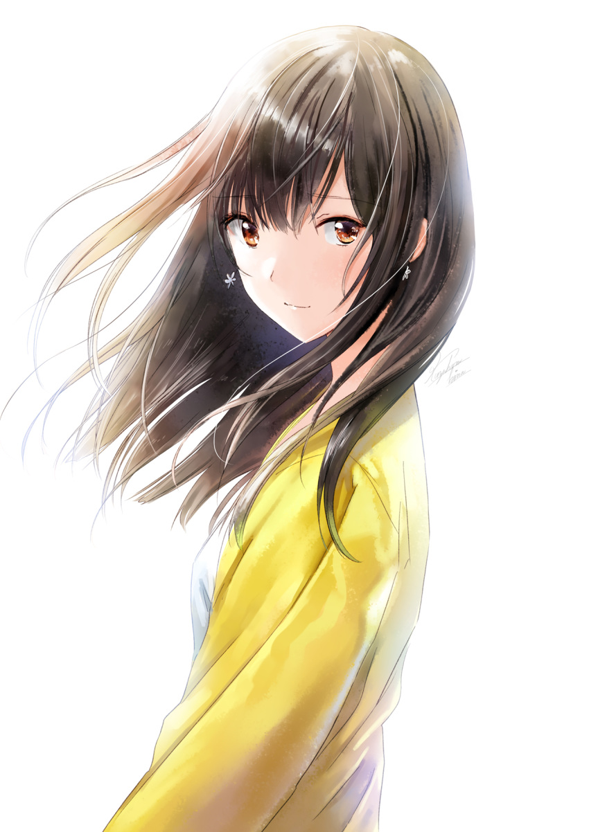 1girl breasts brown_eyes earrings eyebrows_visible_through_hair highres jewelry kazuharu_kina looking_at_viewer original shiny shiny_hair shirt signature simple_background small_breasts smile white_background white_shirt yellow_cardigan