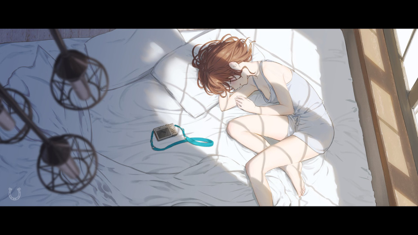 1girl bare_legs barefoot bed blanket blush breasts brown_hair camera ceiling_light cleavage closed_eyes commentary digital_camera from_above highres indoors letterboxed lying medium_breasts nemoto_yuuma no_bra on_side original pillow shade short_hair sleeping solo sunlight tank_top white_tank_top window wooden_floor