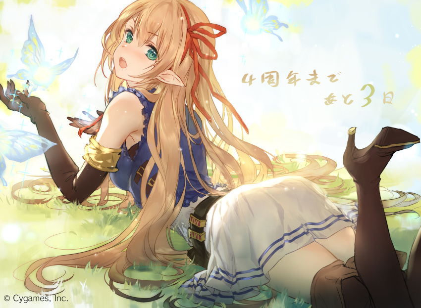 1girl arisa_(shadowverse) artist_request blonde_hair cygames elbow_gloves fairy gloves grass green_eyes hair_ribbon high_heels highres long_hair official_art open_mouth outdoors pointy_ears ribbon shadowverse solo thighhighs