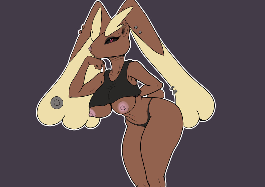 absurd_res anthro breasts clothing curvy_figure ear_piercing ear_ring eyeshadow female g-string goth hi_res lagomorph lopunny makeup mammal nintendo nipples piercing pok&eacute;mon pok&eacute;mon_(species) red_eyes sabrotiger shirt small_shirt solo tank_top thong topwear underwear video_games