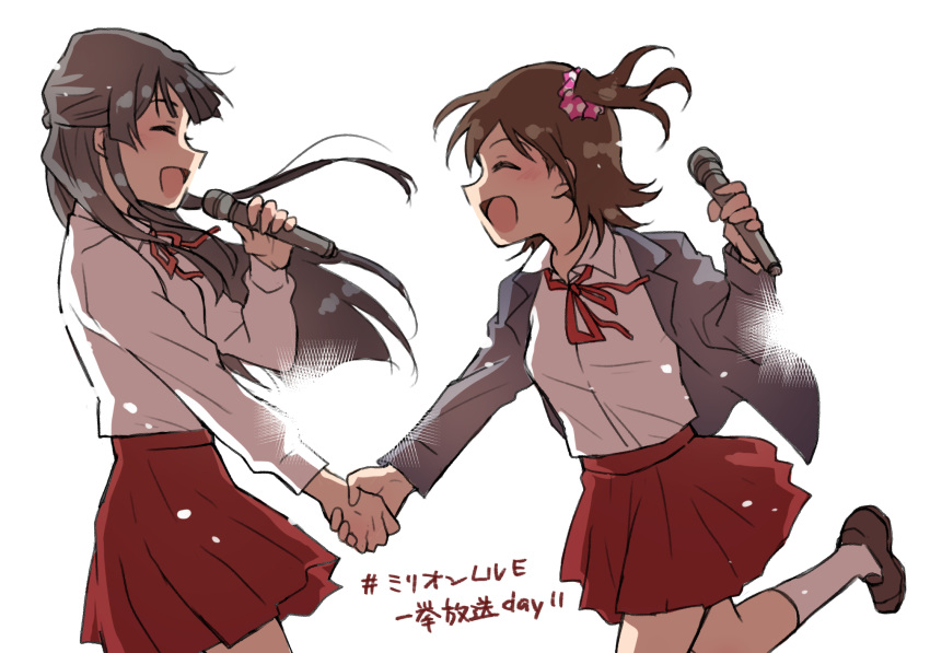 2girls bangs black_hair blazer brown_hair charin closed_eyes cowboy_shot facing_another from_side grey_jacket highres holding holding_hands holding_microphone idolmaster idolmaster_million_live! jacket kasuga_mirai long_hair long_sleeves microphone mogami_shizuka multiple_girls one_side_up open_clothes open_jacket open_mouth red_neckwear red_skirt school_uniform shirt short_hair simple_background skirt smile white_background white_shirt