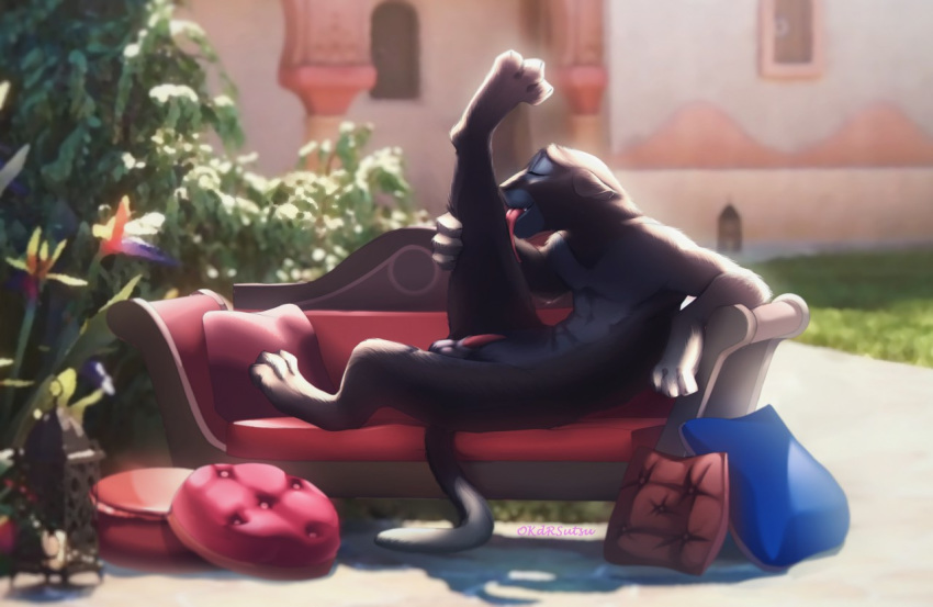 anthro balls bench chair detailed_background disney felid furniture genitals lounge_chair lounging male mammal nude nudist okdrsutsu pantherine penis personal_grooming pillow relaxing solo stretched_out_leg zootopia