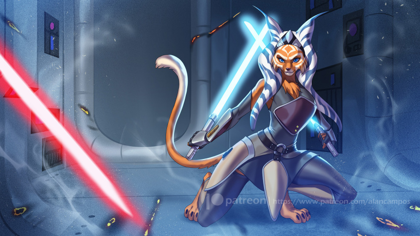 2020 ahsoka_tano alanscampos alternate_species anthro blue_eyes clothed clothing digital_media_(artwork) dual_wielding felid feline female furrification hi_res holding_object holding_weapon lightsaber lynx mammal melee_weapon patreon solo star_wars text url weapon
