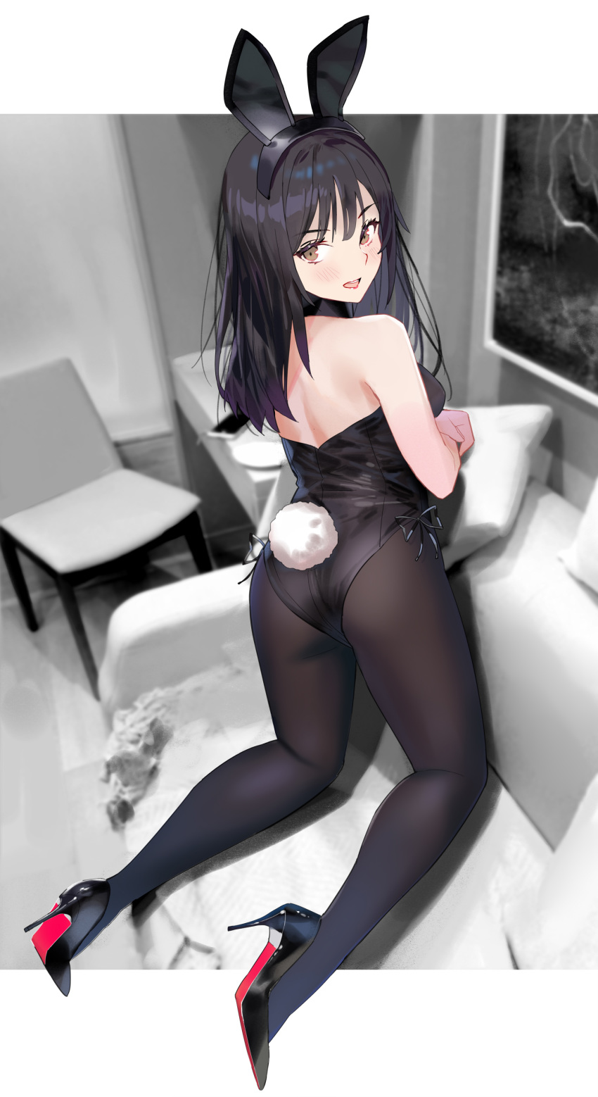 absurdres animal_ears ass back black_hair bunny_ears bunny_tail bunnysuit chair character_request copyright_request couch high_heels highres looking_at_viewer looking_back miyazaki_byou open_mouth pantyhose tail thighs