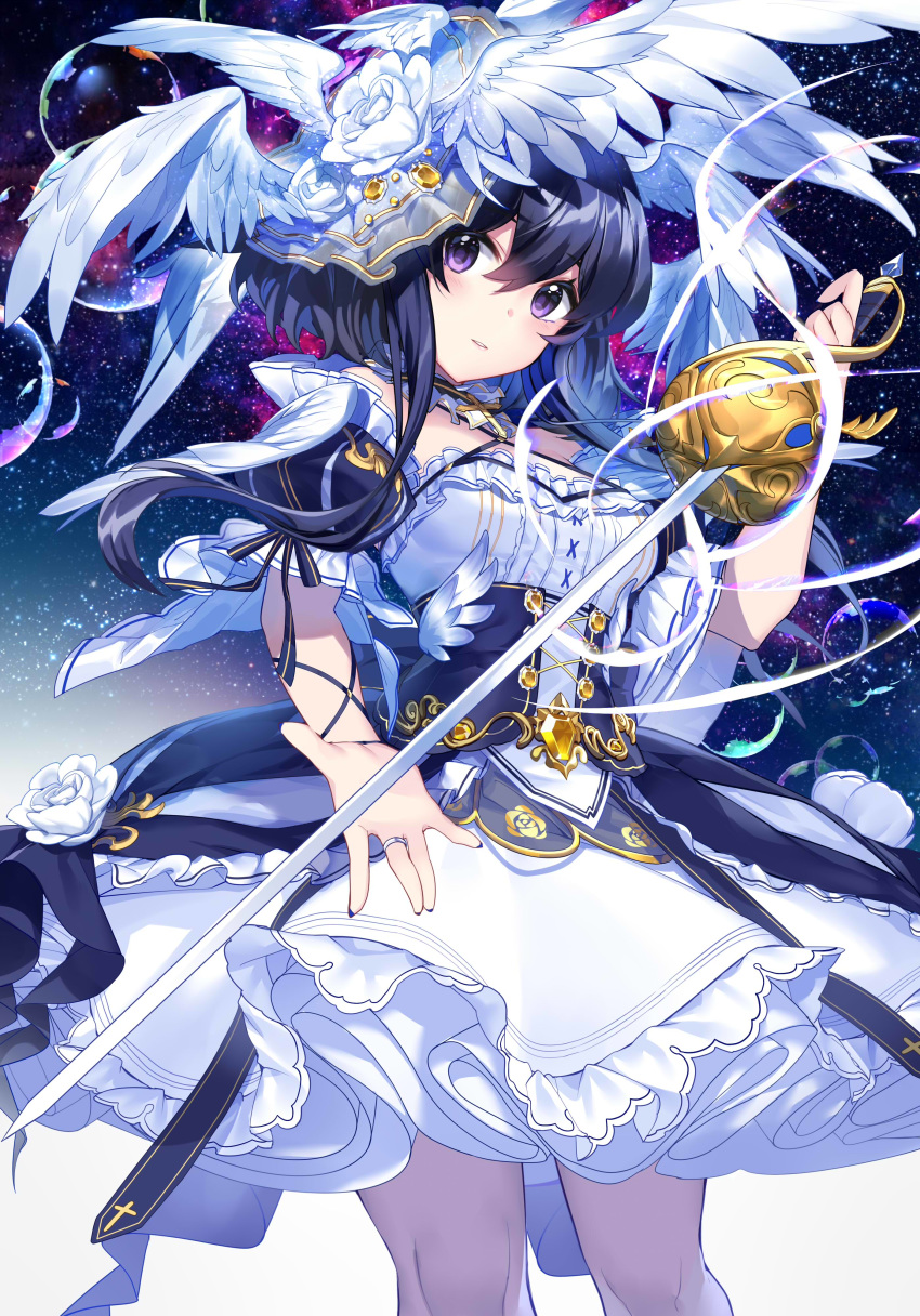 1girl absurdres bangs bare_shoulders black_hair black_sleeves blue_nails breasts commentary criss-cross_halter detached_sleeves dress english_commentary eyebrows_visible_through_hair feathered_wings feet_out_of_frame flower gendo0032 hair_between_eyes halterneck hand_up highres holding holding_sword holding_weapon jewelry long_hair looking_at_viewer nail_polish original parted_lips puffy_short_sleeves puffy_sleeves purple_eyes ring rose saber_(weapon) see-through short_sleeves sidelocks small_breasts solo star_(sky) sword very_long_hair weapon white_dress white_flower white_rose white_wings wings