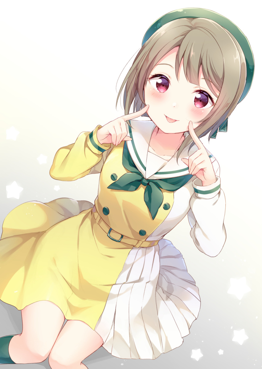 1girl :p bangs blush commentary_request double-breasted dress fingers_to_cheeks green_neckwear grey_hair hat hat_ribbon hazuki_(sutasuta) highres long_sleeves looking_at_viewer love_live! love_live!_school_idol_festival_all_stars nakasu_kasumi neckerchief perfect_dream_project purple_eyes ribbon sailor_dress short_hair sitting solo starry_background tongue tongue_out two-tone_dress yellow_dress