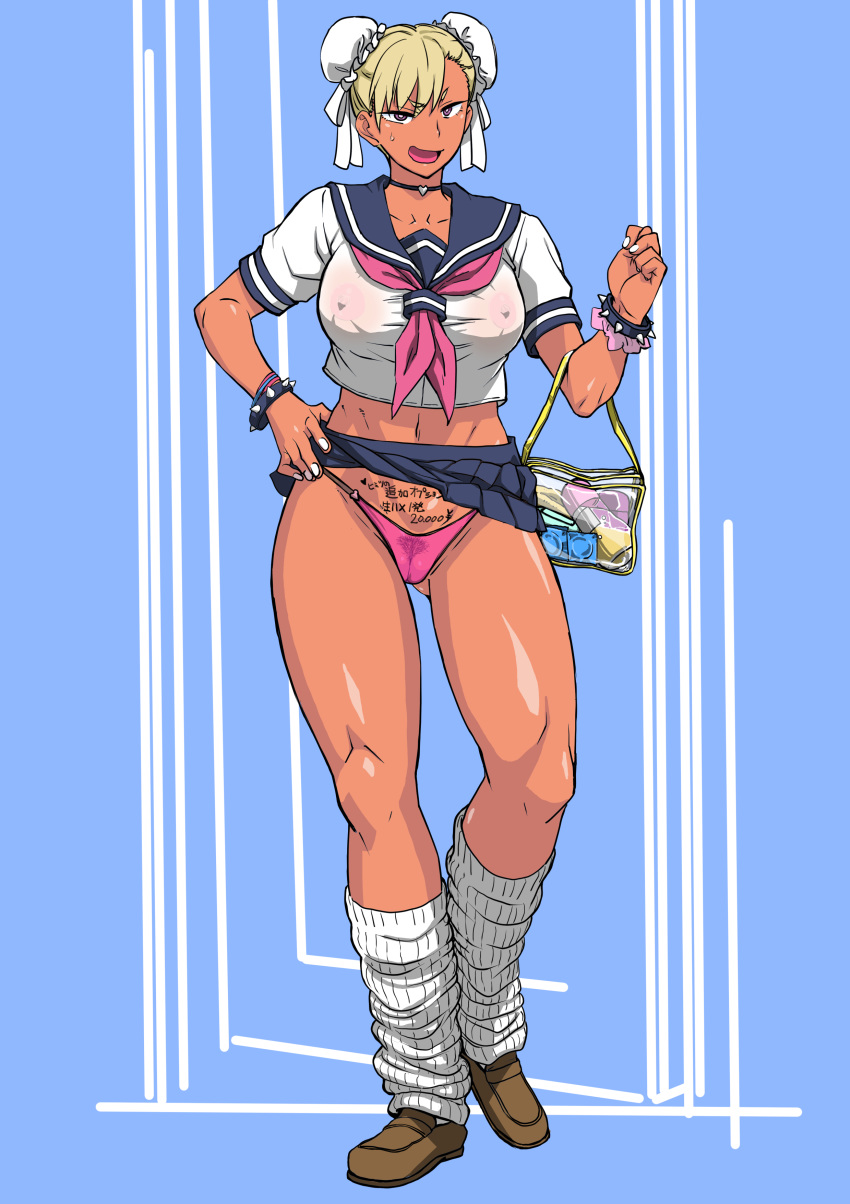 1girl :d absurdres ass_visible_through_thighs bag bangs blonde_hair body_writing bracelet choker chun-li cleft_of_venus condom_wrapper covered_nipples dark_skin double_bun gyaru hand_on_hip highres jewelry lifted_by_self loafers looking_at_viewer loose_socks lotion_bottle makinaru midriff navel open_mouth panties pink_panties pleated_skirt pubic_hair purple_eyes pussy school_uniform see-through serafuku shoes skirt skirt_lift smile solo spiked_bracelet spikes street_fighter sweatdrop translated underwear white_legwear white_nails