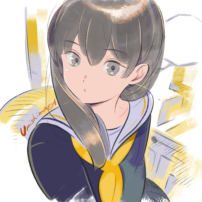 1girl black_shirt eyebrows_visible_through_hair grey_eyes grey_hair highres long_hair long_sleeves neckerchief original sailor_collar shirt signature solo umishima_senbon upper_body white_sailor_collar yellow_neckerchief