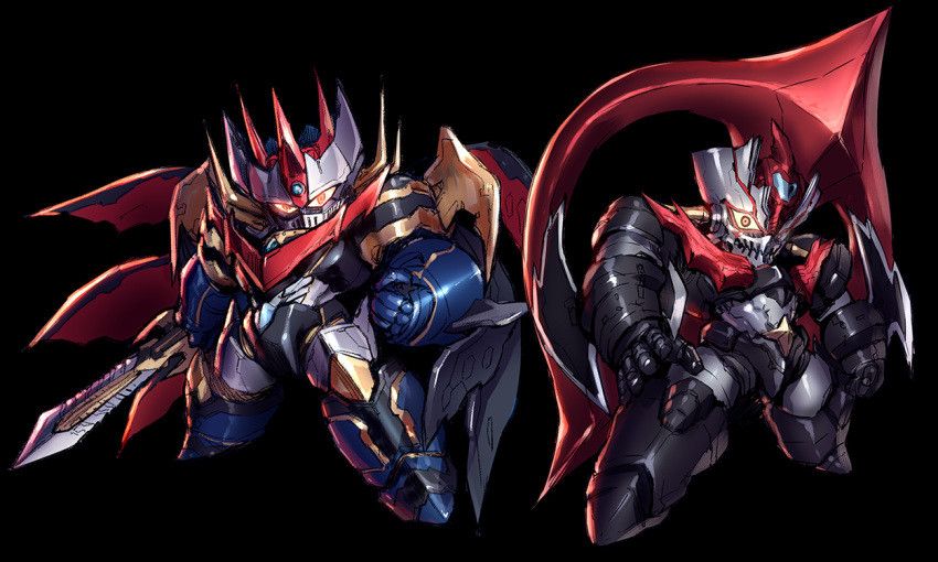 banchengping@126 black_background chibi clenched_hand crazy_eyes holding holding_sword holding_weapon looking_at_viewer mazinemperor_g mazinger_zero_(mecha) mecha no_humans open_hand shin_mazinger_zero super_robot_wars super_robot_wars_v sword weapon yellow_eyes