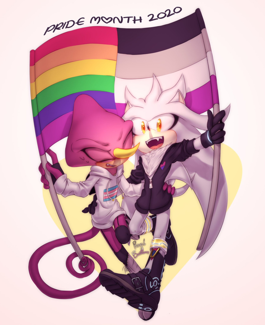 &lt;3 1_horn 2020 anthro asexual_pride_colors better_version_at_source bisexual_pride_colors black_clothing black_topwear bodily_fluids boots chameleon clothing duo english_text espio_the_chameleon eulipotyphlan flag footwear fur gloves grey_body grey_fur handwear happy hedgehog hi_res hip_grab holding_object hoodie horn lgbt_pride lizard long_tail male mammal open_mouth open_smile pride_colors purple_body purple_skin rainbow_flag rainbow_pride_flag rainbow_symbol reptile royalbootlace scalie silver_the_hedgehog simple_background smile sonic_the_hedgehog_(series) sweat text topwear transgender_pride_colors white_background white_clothing white_topwear yellow_eyes