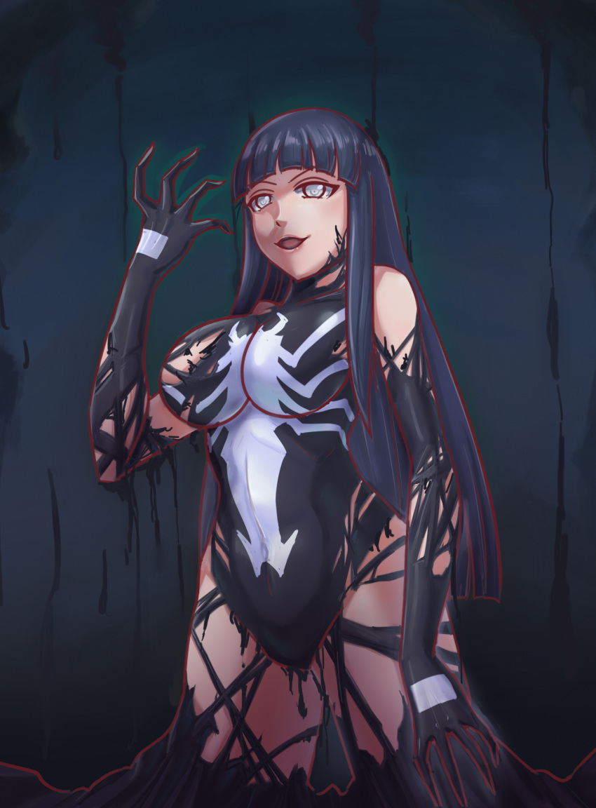 1girl bangs black_hair corruption crossover dark_persona highres hyuuga_hinata leebigtree leotard long_hair naruto_(series) naruto_shippuuden open_mouth spider-man_(series) symbiote venom_(marvel) very_long_hair white_eyes