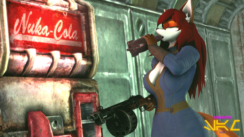 16:9 anthro bethesda_softworks big_breasts breasts brown_body brown_fur canid canine fallout female fox fur gun hair hi_res long_hair mammal nuka-cola orange_body orange_fur ranged_weapon red_fox red_hair senthaurekmern shotgun solo solo_focus vault vault_suit video_games warfaremachine watermark weapon white_body white_fur wide_hips widescreen