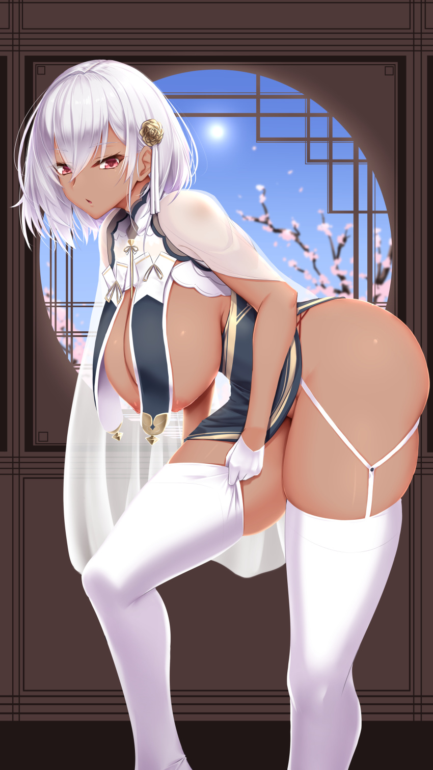 1girl absurdres adjusting_clothes adjusting_legwear alternate_skin_color azur_lane bangs bent_over blue_sky blush breast_curtains breasts cherry_blossoms china_dress chinese_clothes dark_skin day dress dressing eyebrows_visible_through_hair eyelashes fanbox_reward flower from_side garter_straps gloves groin hair_between_eyes hair_flower hair_ornament half_gloves hanging_breasts highres huge_breasts indoors looking_at_viewer nipples no_panties paid_reward parted_lips pelvic_curtain petals red_eyes revealing_clothes short_hair shuugetsu_karasu sirius_(azur_lane) sirius_(azure_horizons)_(azur_lane) skindentation sky solo standing sun sunlight thighhighs thighhighs_pull thighs white_gloves white_hair white_legwear window