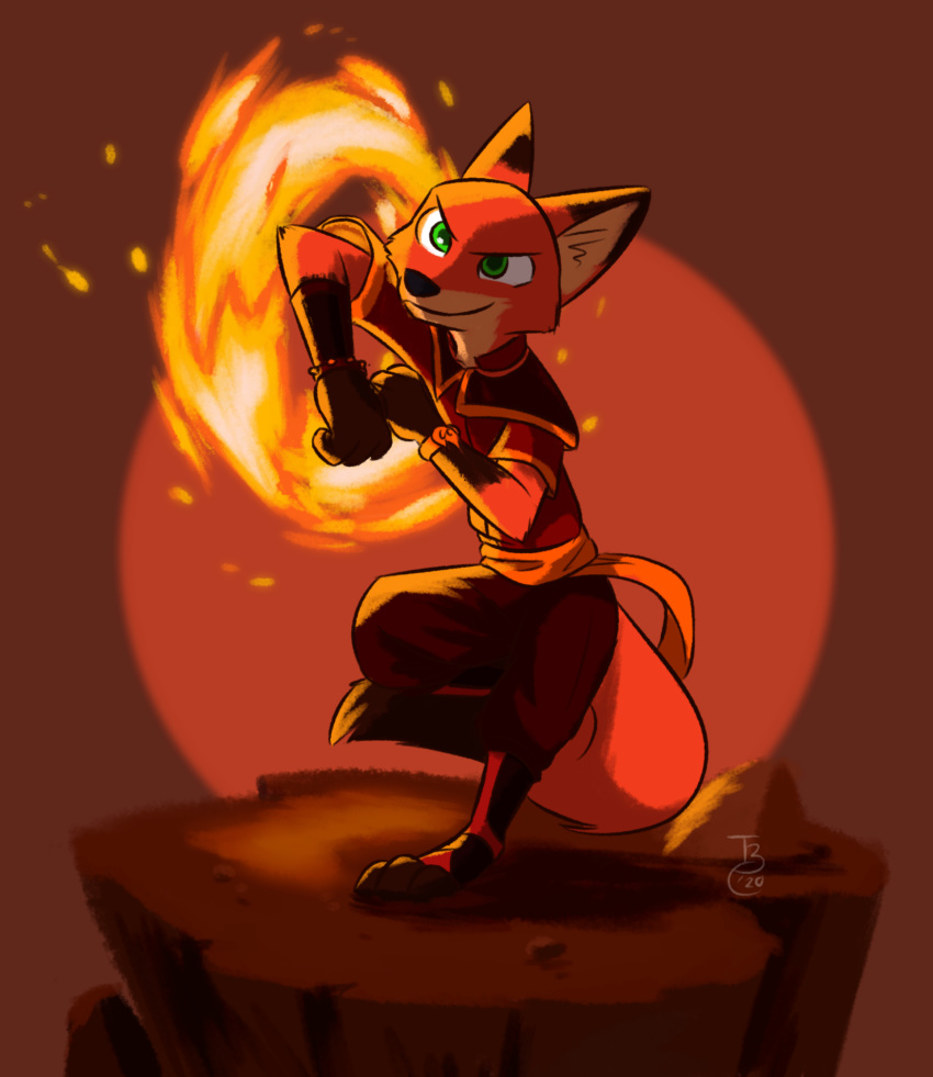 2020 anthro avatar:_the_last_airbender black_nose bottomwear canid canine clothed clothing crossover dipstick_ears disney elemental_manipulation fire fire_manipulation fox fully_clothed fur gloves_(marking) green_eyes hi_res light lighting looking_at_viewer mammal markings multicolored_ears nick_wilde nickelodeon orange_body orange_fur pose red_background red_fox signature simple_background smile solo standing theblueberrycarrots topwear zootopia