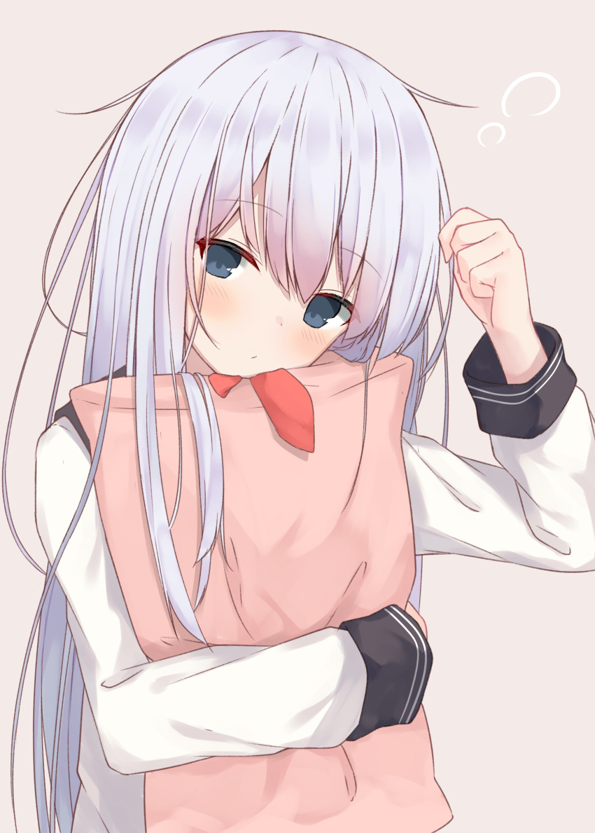 1girl absurdres beige_background black_sailor_collar blue_eyes eyebrows_visible_through_hair hair_between_eyes hibiki_(kantai_collection) highres kantai_collection long_hair long_sleeves mm2k neckerchief no_hat no_headwear pillow pillow_hug red_neckwear sailor_collar school_uniform serafuku silver_hair simple_background solo upper_body