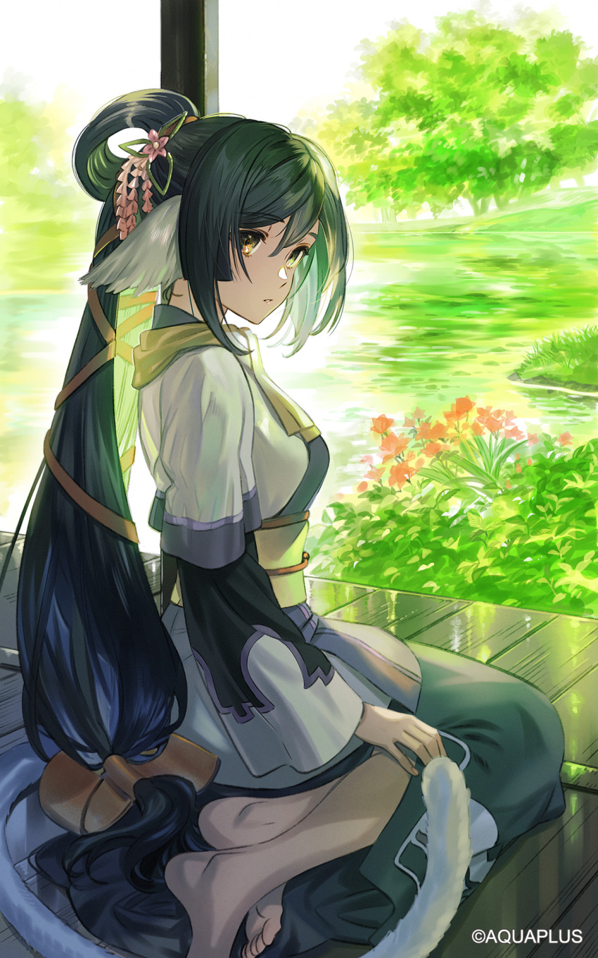 1girl aquaplus bangs barefoot black_hair brown_eyes commentary_request eyebrows_visible_through_hair flower from_side full_body highres kuon_(utawarerumono) long_hair looking_at_viewer low-tied_long_hair plant red_flower reflection sitting solo tree umishima_senbon utawarerumono utawarerumono:_itsuwari_no_kamen very_long_hair