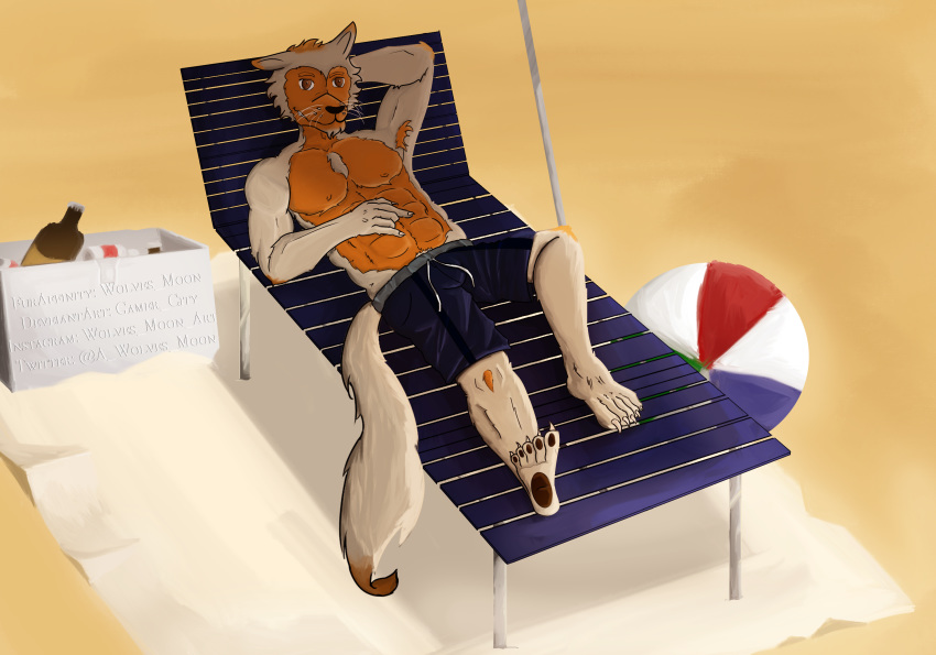 anthro ball beach beach_ball beverage_can canid canine canis clothed clothing cooler fan_character felid half_clothed half_naked hi_res hybrid lion male mammal muscular muscular_male pantherine seaside solo suntan swimming_trunks swimwear whiskers wolf wolves_moon