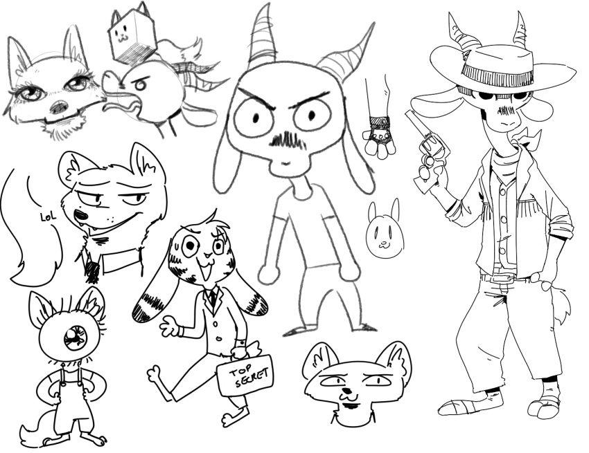 2020 :3 ambiguous_gender antelope anthro barefoot black_and_white bodily_fluids bottomwear bovid briefcase canid canine cheek_tuft chico_(fuel) clothed clothing cowboy cute_fangs disney ear_markings english_text facial_markings facial_tuft fan_character fingerless_gloves for_a_head fox fuel_(artist) fur fur_markings gazelle gloves gun half-closed_eyes hand_on_hip handgun hands_on_hips handwear hat head_markings head_tuft headgear headwear holding_handgun holding_object holding_revolver holding_weapon horn inner_ear_fluff jack_savage jacket lagomorph leporid mammal markings monochrome narrowed_eyes neck_tuft nick_wilde object_head open_jacket open_mouth overalls pants rabbit ranged_weapon revolver scarf simple_background sketch_page skye_(zootopia) smile smirk solo sweat sweatdrop text tongue tongue_out topwear tuft weapon white_background zootopia