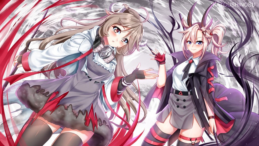 2girls absurdres animal_ears arknights blonde_hair blue_eyes brown_eyes brown_hair curled_horns dress earthspirit_(arknights) eyjafjalla_(arknights) fur-trimmed_dress fur_trim gas_mask goat_horns goggles goggles_removed grey_dress highres horns huge_filesize katou_shinobu mask_around_neck multiple_girls respirator sheep_ears sheep_horns torn_clothes torn_coat torn_dress wool