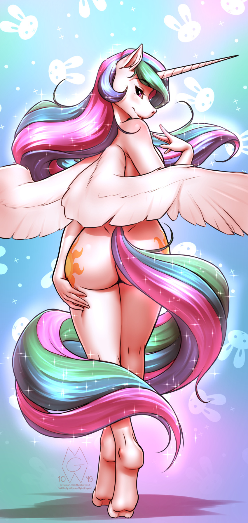 2019 absurd_res anthro anthrofied blush breasts butt butt_pose cutie_mark equid fake_ears fake_rabbit_ears female friendship_is_magic hi_res horn mammal my_little_pony mykegreywolf nude pose princess_celestia_(mlp) purple_eyes smile solo sparkles text url winged_unicorn wings