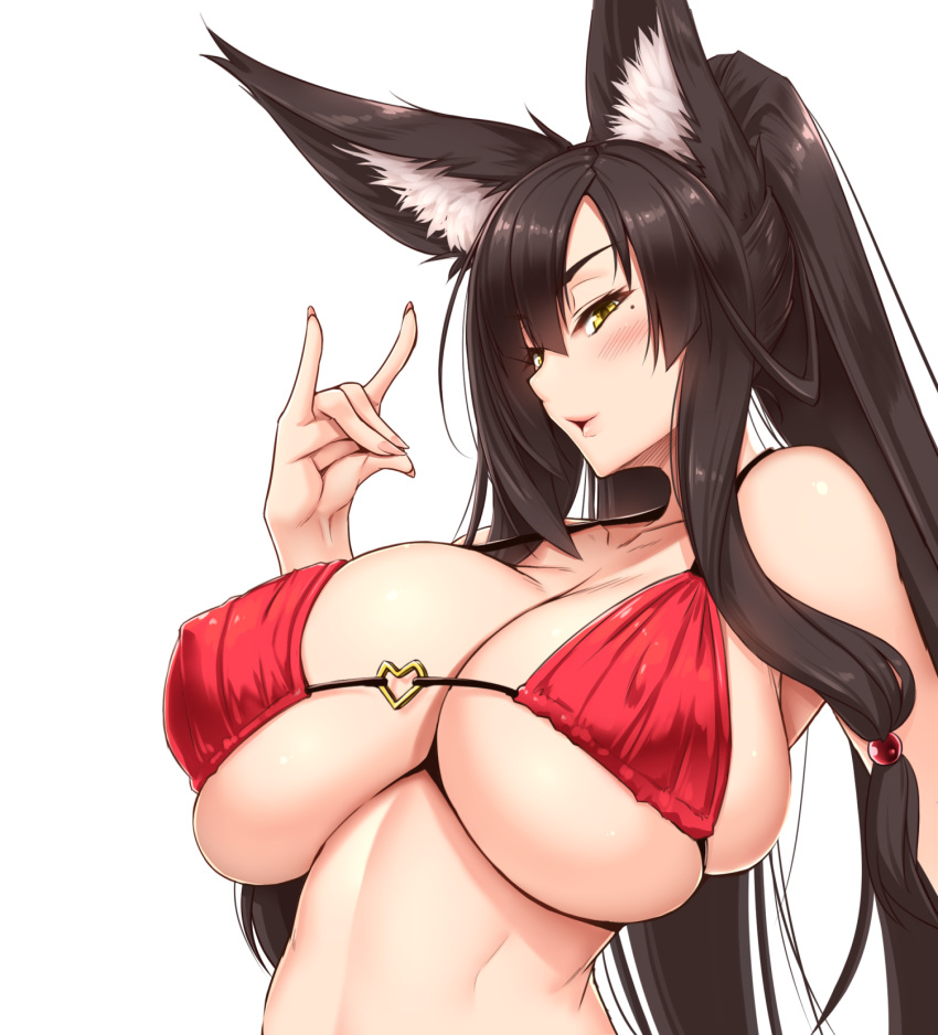 1girl animal_ear_fluff animal_ears bangs bare_shoulders bikini black_hair blush breasts collarbone eyebrows_visible_through_hair eyelashes fanbox_reward fingernails fox_ears fox_girl fox_shadow_puppet hair_between_eyes hair_bobbles hair_ornament half-closed_eyes halter_top halterneck hand_up highres large_breasts long_fingernails long_hair looking_at_viewer micro_bikini mole mole_under_eye nail_polish o-ring o-ring_bikini o-ring_top original paid_reward pink_lips pink_nails red_bikini shuugetsu_karasu sidelocks simple_background skindentation solo strap_gap swimsuit upper_body very_long_hair white_background yellow_eyes