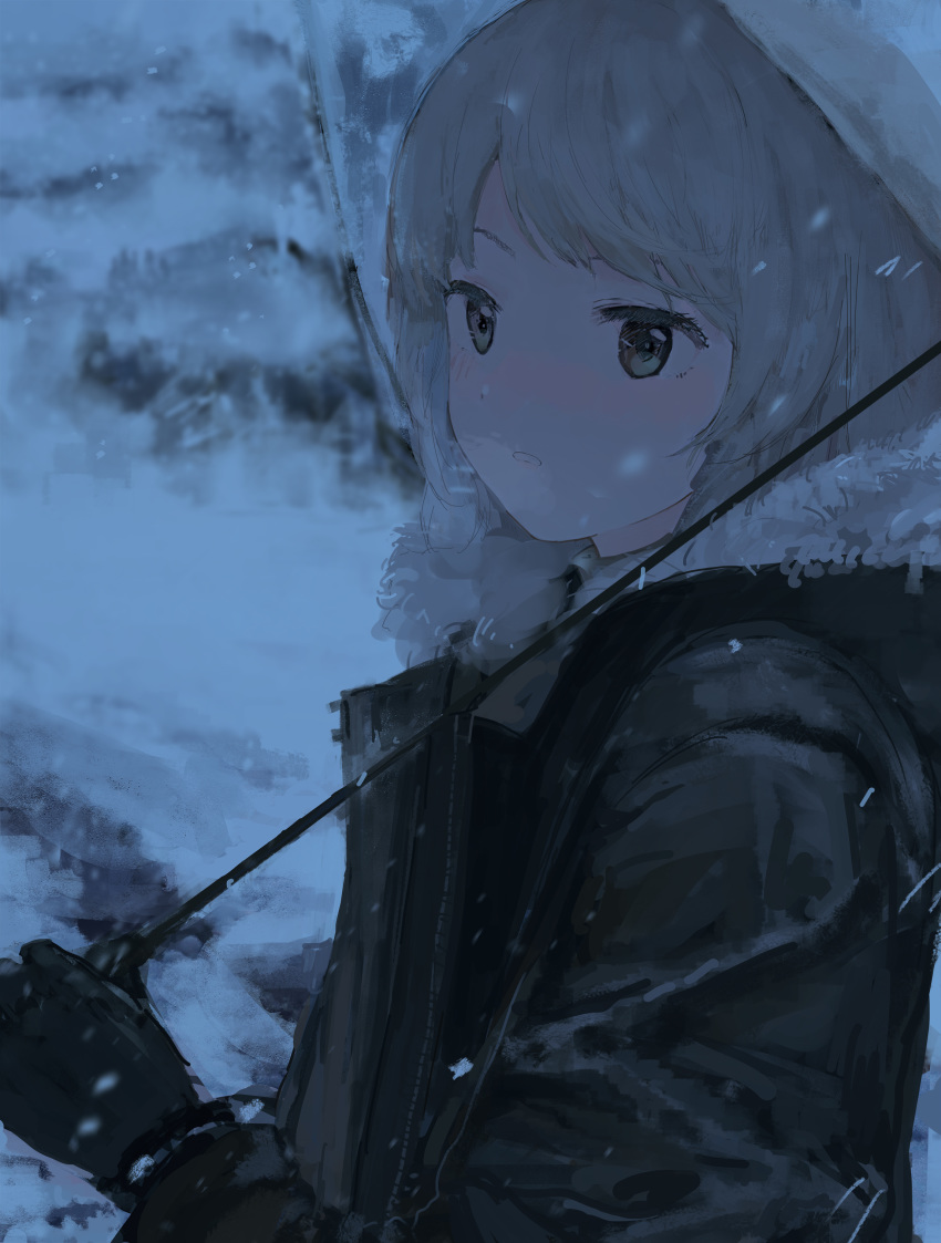 1girl absurdres aikatsu! aikatsu!_(series) as4kla character_request fur-trimmed_jacket fur_trim gloves highres holding holding_umbrella jacket looking_at_viewer outdoors parted_lips scenery short_hair snow snowing solo transparent transparent_umbrella umbrella white_hair winter