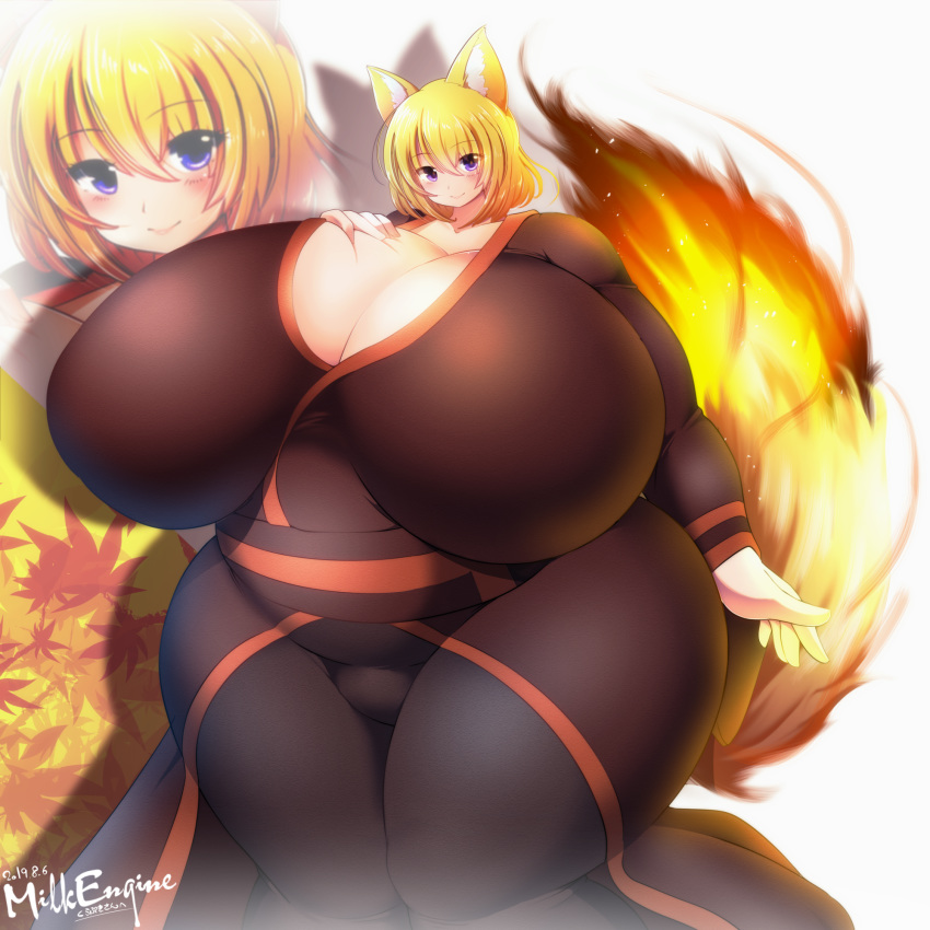 1:1 animal_humanoid asian_clothing belly big_breasts black_clothing black_legwear blonde_hair blush breasts canid canid_humanoid canine canine_humanoid cleavage clothed clothing curvy_figure dipstick_tail east_asian_clothing female fire flaming_tail fox_humanoid fully_clothed fur hair hand_on_breast hi_res huge_breasts humanoid hyper hyper_breasts inner_ear_fluff japanese_clothing kimono kyosuke_fujiwara leaf legwear light_skin looking_at_viewer mammal mammal_humanoid maple_leaf monotone_hair multicolored_tail obi overweight overweight_female portrait smile solo standing thick_thighs three-quarter_portrait tight_clothing tuft voluptuous wide_hips yellow_body yellow_fur