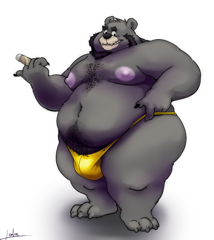 2020 anthro belly black_body black_fur black_nose bulge clothing fur hi_res lakalando male mammal moobs nipples overweight overweight_male pink_nipples simple_background solo underwear ursid white_background