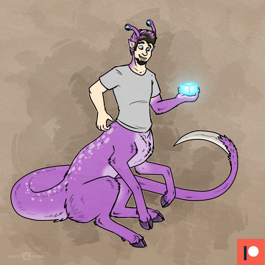 1:1 4_eyes alien andalite anthro blue_eyes bottomless clothed clothing eyestalks fur hi_res hooves human humanoid_pointy_ears keetahspacecat male mammal mid_transformation multi_eye multifur purple_body purple_fur shirt simple_background sitting smile solo spiked_tail spikes spots spotted_body spotted_fur t-shirt taur thenomeking topwear transformation