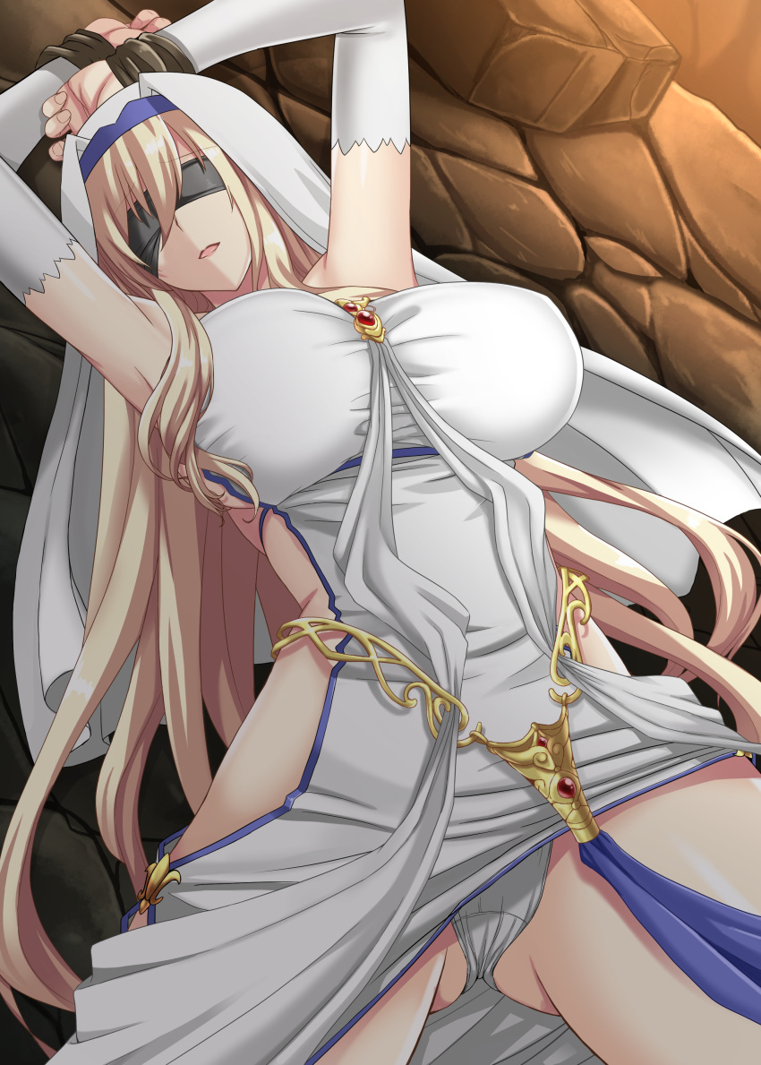 1girl absurdres armpits arms_up ass_visible_through_thighs bangs bare_shoulders blindfold blonde_hair blue_blindfold blush bound bound_wrists breasts bridal_gauntlets dress eyebrows_visible_through_hair goblin_slayer! gold_trim habit hair_between_eyes hellandheaven highres jewelry large_breasts long_hair necklace open_mouth paid_reward panties patreon_reward side_cutout sidelocks solo sword_maiden taut_clothes taut_dress underwear very_long_hair white_dress white_panties