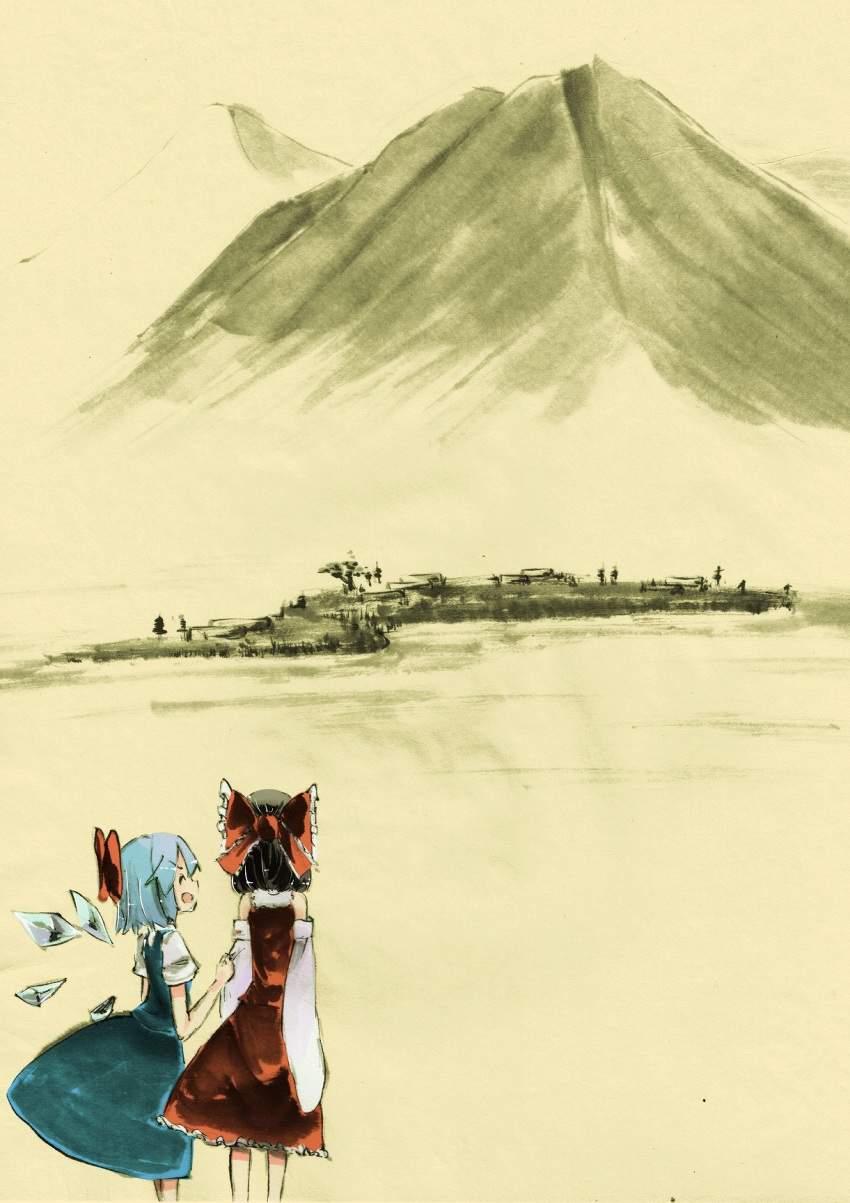 2girls bare_shoulders blue_hair bow cirno closed_eyes commentary_request cowboy_shot detached_sleeves facing_away from_behind hair_bow hakurei_reimu highres holding_another's_arm ice ice_wings ink_wash_painting island laughing looking_at_another mountain multiple_girls red_bow spot_color standing takaharuti touhou traditional_media wings