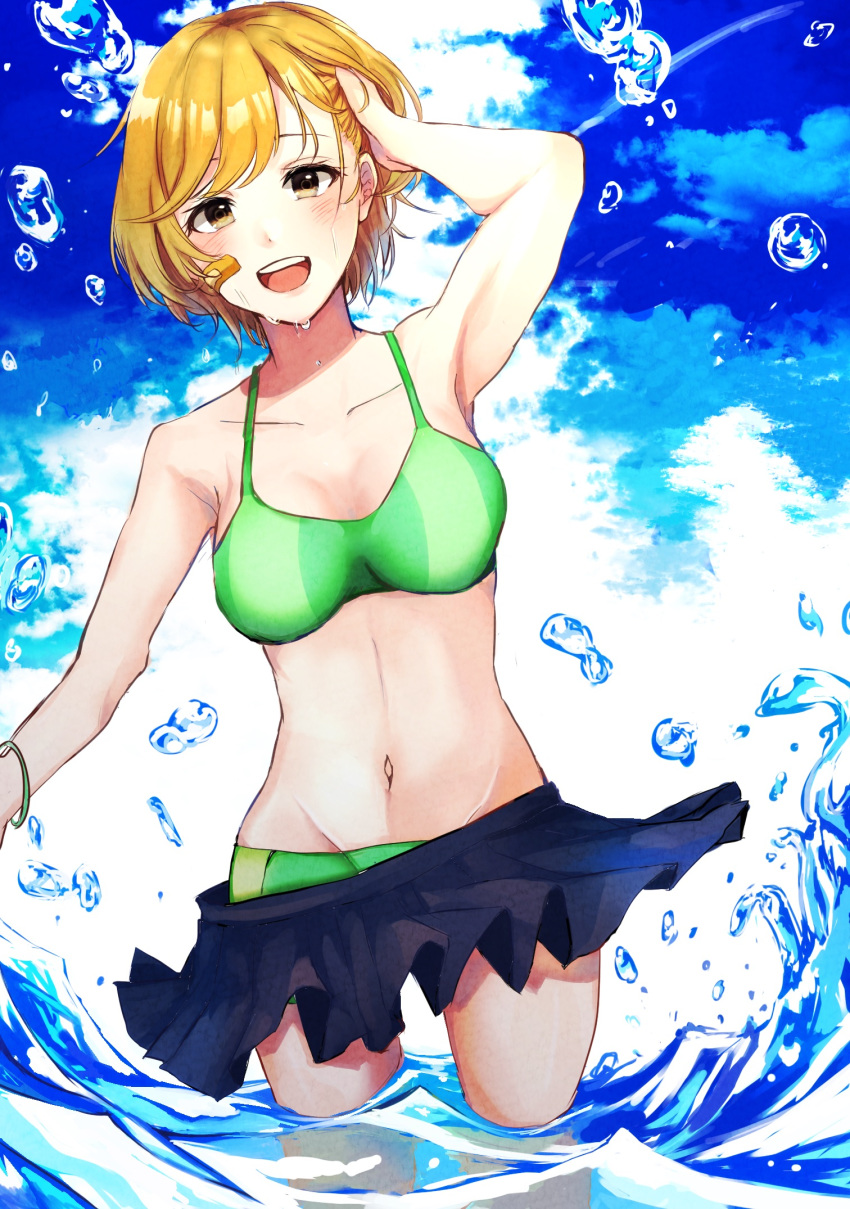 1girl bandaid bandaid_on_face bikini blue_skirt blue_sky breasts brown_eyes brown_hair cloud collarbone day green_bikini highres kakitama_(tj0r4ivwbhcxbru) kantai_collection miniskirt navel oboro_(kantai_collection) outdoors pleated_skirt short_hair skirt sky small_breasts solo splashing standing swimsuit wading water