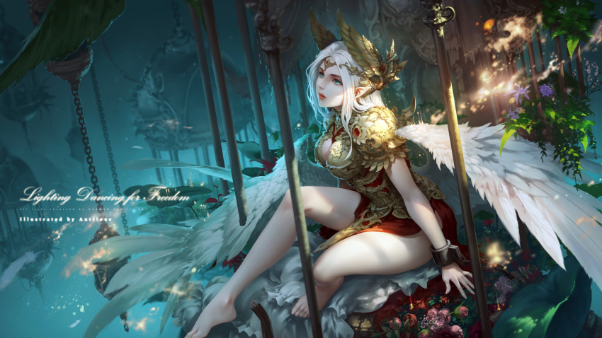 1girl antilous aqua_eyes arm_at_side armor armored_dress barefoot between_breasts blue_eyes blurry breasts cage chain cleavage commentary_request cuffs dress fake_wings feathered_wings feet_out_of_frame flower forehead_jewel glowing head_wings highres in_cage knees_up large_breasts leaf long_hair looking_away looking_up original outstretched_leg pink_flower pink_rose plant purple_flower red_dress red_flower red_rose restrained rose scabbard sheath sitting solo tiara white_hair white_wings wings yellow_wings