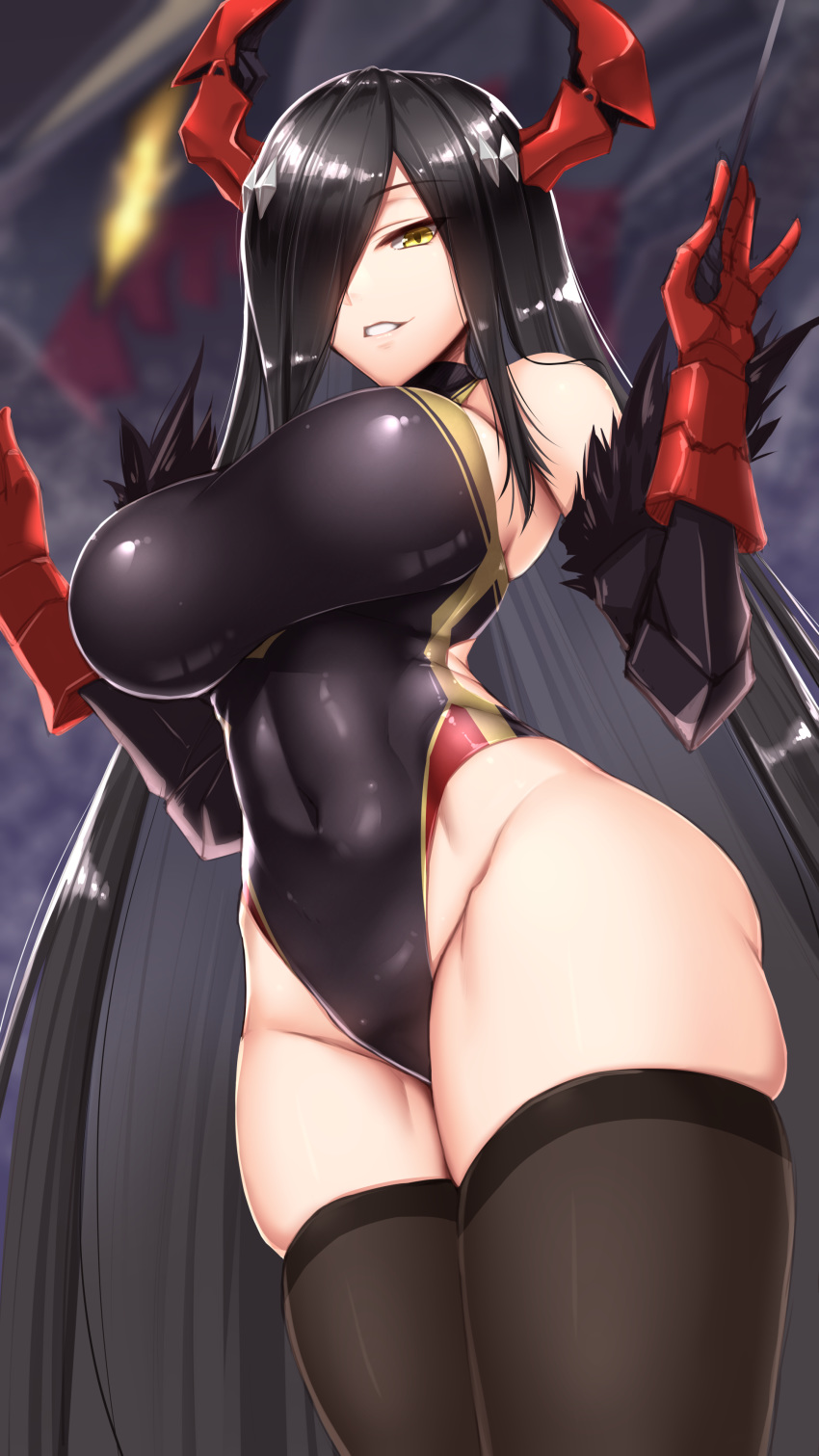 1girl :d absurdres azur_lane bangs bare_shoulders baton_(instrument) black_hair black_legwear black_swimsuit breasts cannon competition_swimsuit covered_navel cowboy_shot eyebrows_visible_through_hair fanbox_reward friedrich_der_grosse_(azur_lane) fur-trimmed_gloves fur_trim gloves groin hair_over_one_eye hands_up highleg highleg_swimsuit highres holding horns impossible_clothes large_breasts legs_together long_hair looking_at_viewer mechanical_horns one-piece_swimsuit open_mouth paid_reward parted_lips red_gloves red_horns rigging shiny_swimsuit shuugetsu_karasu sidelocks skindentation smile solo standing swimsuit teeth thighhighs very_long_hair world_of_warships yellow_eyes