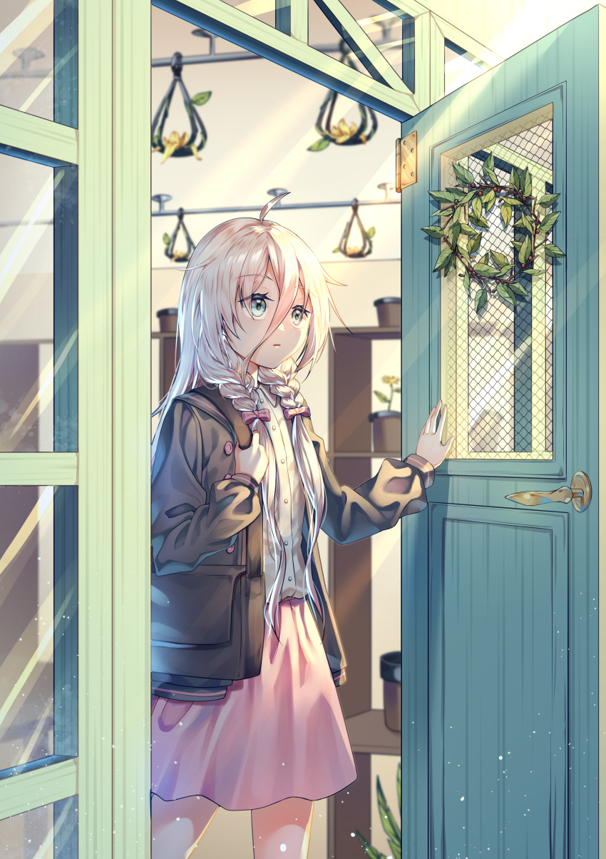 1girl absurdres ahoge bag black_jacket blazer bow braid commentary ellet_j expressionless florist flower flower_shop hair_bow hanging_plant highres huge_filesize ia_(vocaloid) jacket light_blue_eyes long_hair miniskirt opening_door parted_lips pink_skirt plant platinum_blonde_hair potted_plant shelf shirt shop shoulder_bag skirt solo twin_braids vocaloid walking white_shirt wreath yellow_flower