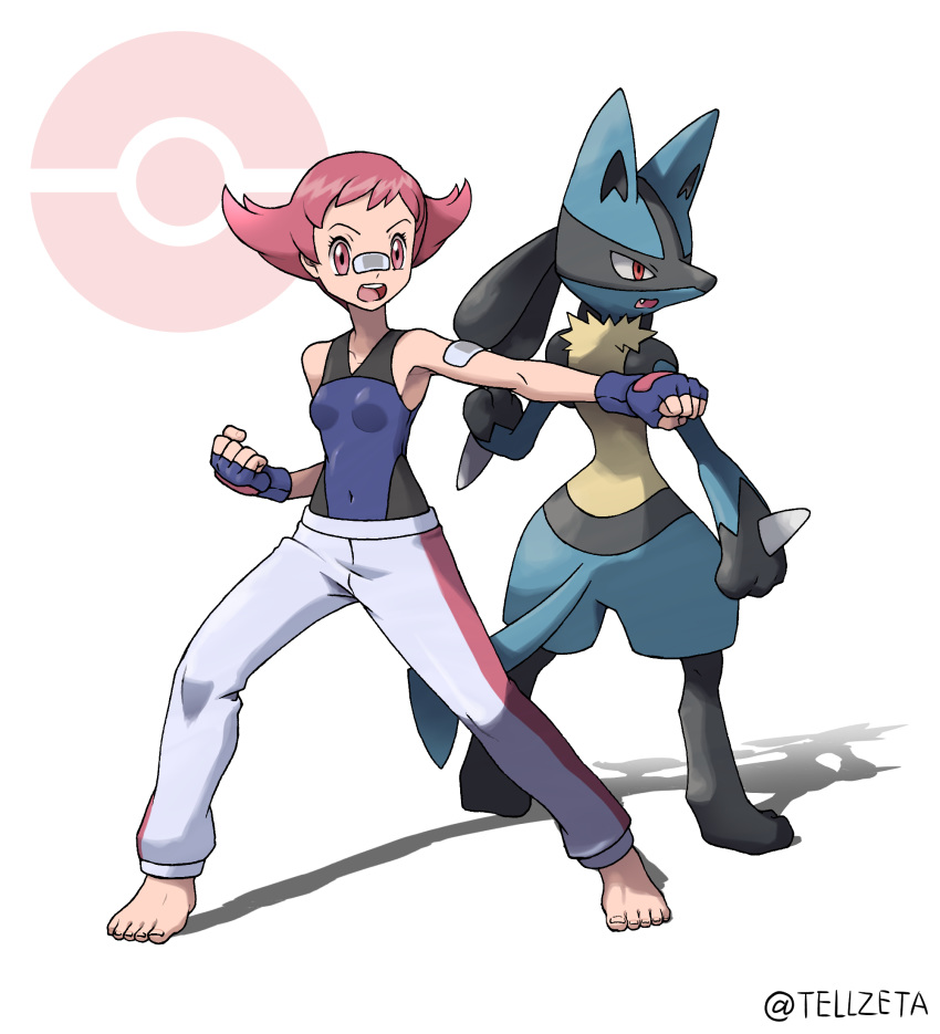 1girl artist_name bandaid bandaid_on_arm bandaid_on_nose barefoot bodysuit breasts clenched_hands commentary_request covered_navel eyelashes feet fighting_stance fingerless_gloves gen_4_pokemon gloves grey_pants highres kiaki_hiqagi legs_apart lucario open_mouth pants pink_hair poke_ball_symbol pokemon pokemon_(creature) pokemon_(game) pokemon_dppt shiny shiny_hair standing sumomo_(pokemon) teeth toes tongue upper_teeth watermark white_background