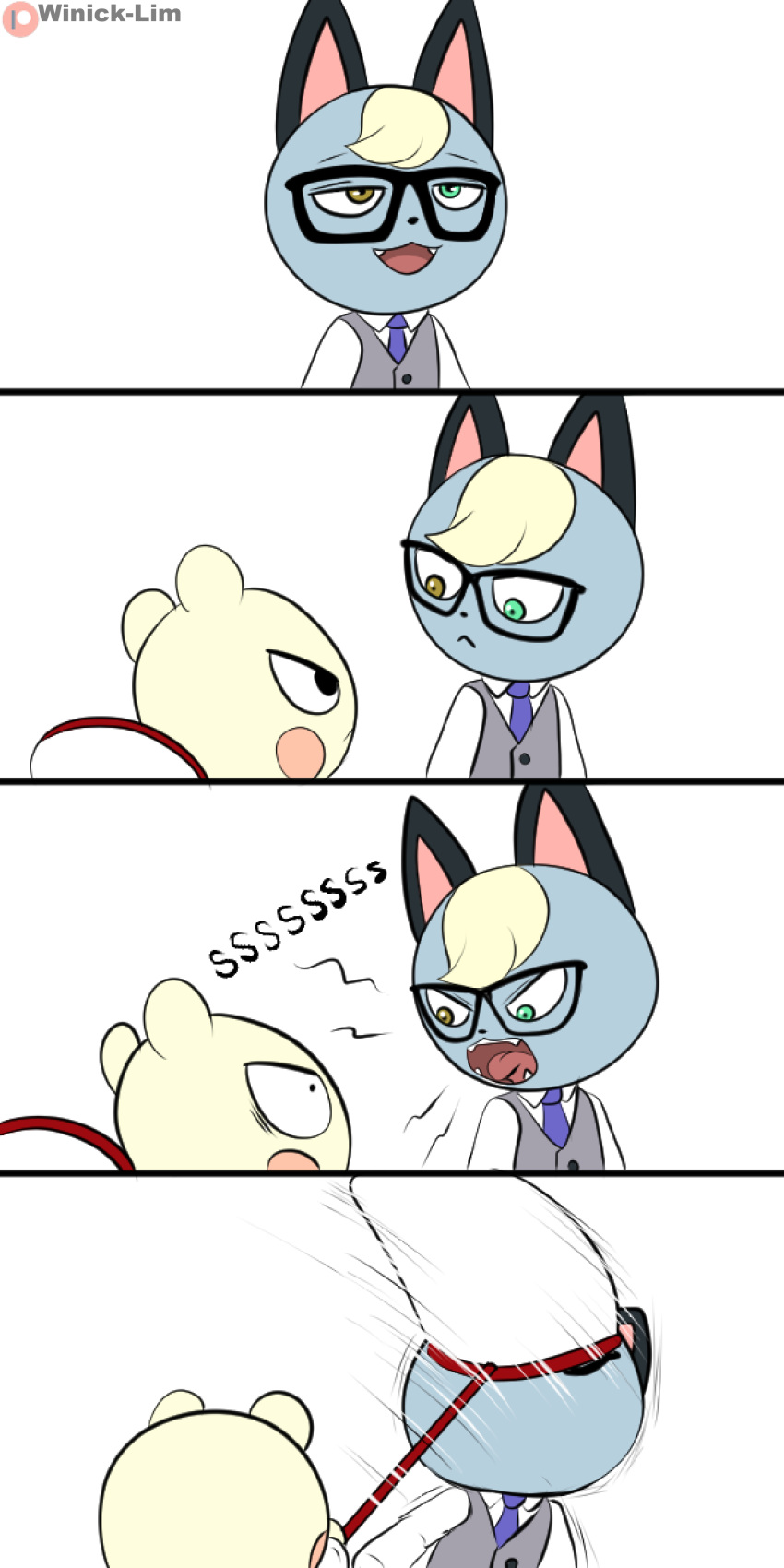 1:2 2020 4koma absurd_res angry animal_crossing anthro attack black_eyes butterfly_net clothing comic domestic_cat duo eyewear fangs felid feline felis fur glasses green_eyes grey_body grey_clothing grey_fur grey_topwear hair hi_res larger_male male mammal marshal_(animal_crossing) motion_lines necktie nintendo polo_shirt raymond_(animal_crossing) red_cheeks rodent sciurid shirt simple_background size_difference smaller_male standing tan_body tan_fur tan_hair topwear vest video_games white_background white_clothing white_topwear winick-lim yellow_eyes