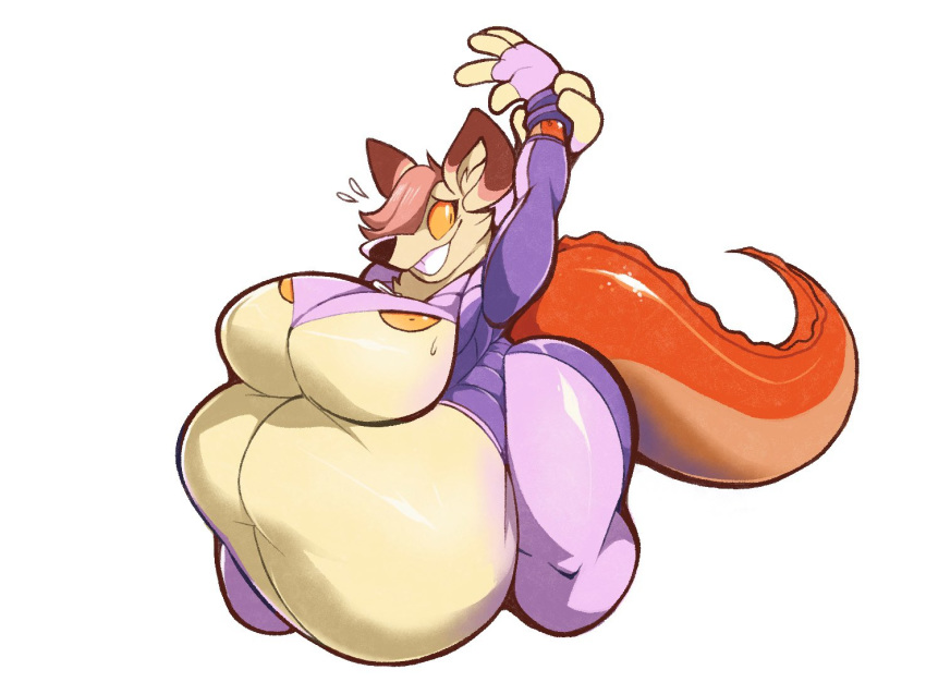 alien anthro belly big_belly boot_(artist) breast_eyes breasts canid canine clothed clothing female fox hair hyper hyper_belly mammal marion_the_completely_normal_fox obese obese_female overweight overweight_female pink_hair solo