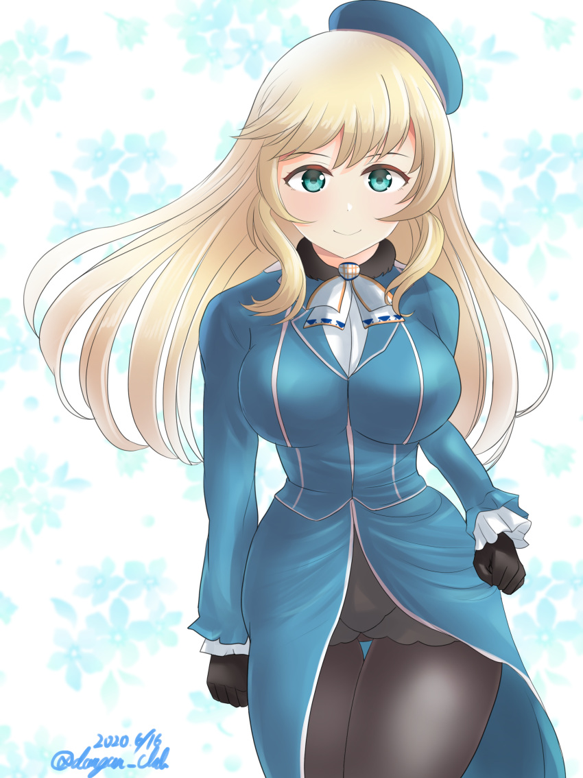 1girl absurdres ascot ass_visible_through_thighs atago_(kantai_collection) beret black_gloves black_legwear blonde_hair blue_background blue_headwear blue_jacket blush breasts dangan_kurabu dated eyebrows gloves gradient gradient_background green_eyes hat highres jacket kantai_collection large_breasts long_hair long_sleeves looking_at_viewer military military_uniform pan-pa-ka-paaan! pantyhose shirt skirt smile solo standing twitter_username uniform white_shirt