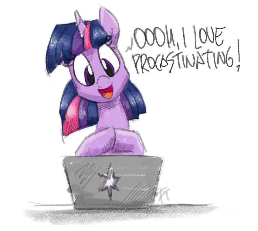 2020 computer dialogue english_text equid equine female feral flutterthrash friendship_is_magic hair hi_res horn laptop mammal multicolored_hair my_little_pony procrastinating purple_eyes purple_hair quadruped simple_background solo text twilight_sparkle_(mlp) unicorn