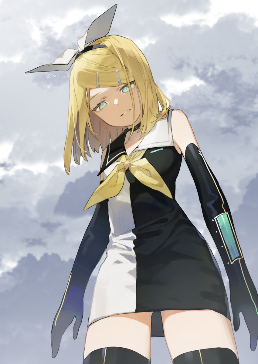 1girl absurdres aqua_eyes bare_shoulders black_dress black_gloves blonde_hair bow cloud cloudy_sky collared_dress dot_pupils dress elbow_gloves from_below gloves hair_bow highres kagamine_rin light_smile looking_down neckerchief parted_lips roshin_yuukai_(vocaloid) sky solo standing two-tone_dress vocaloid white_bow white_dress yamada_ichi yellow_neckwear
