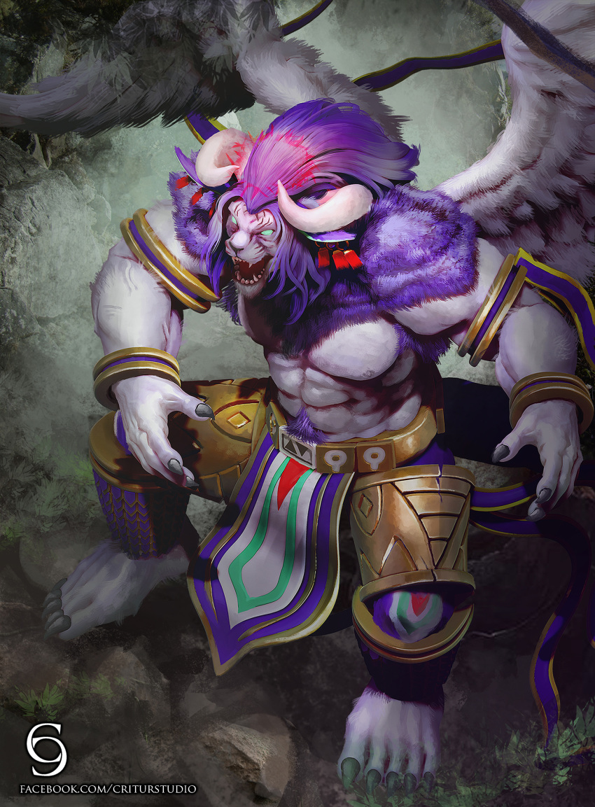 abs andy_belzark clothed clothing darklord_nasten fallen_angel fangs feathered_wings feathers felid fur hair halo hi_res horn konami male mammal muscular muscular_male nails nipples pantherine purple_body purple_fur purple_hair solo stripes text tiger url white_body white_fur wings yu-gi-oh