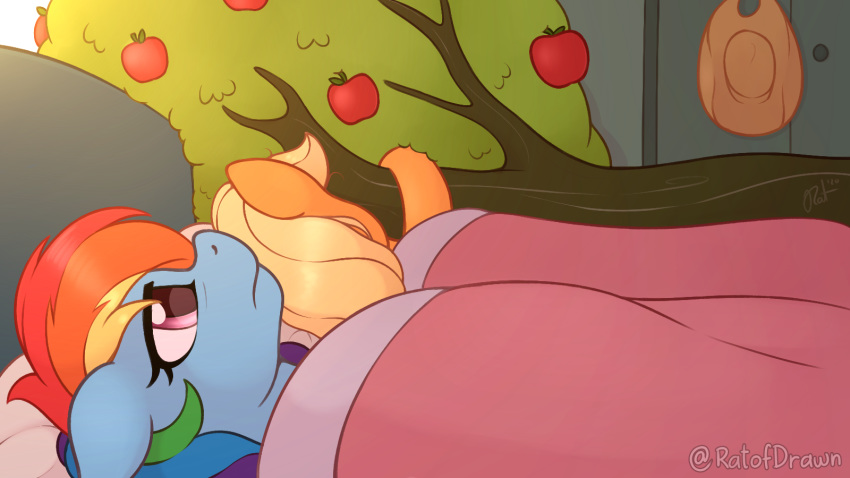 16:9 2020 applejack_(mlp) bed blonde_hair digital_media_(artwork) friendship_is_magic furniture hair hi_res multicolored_hair my_little_pony on_bed pink_eyes rainbow_dash_(mlp) rainbow_hair ratofdrawn tree under_covers widescreen