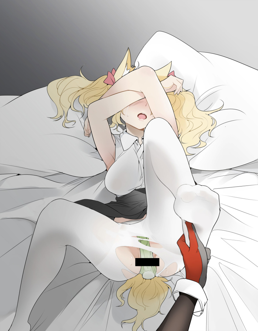 1girl arknights bar_censor bed_sheet black_gloves black_skirt blonde_hair bow breasts censored covering_face feet gloves green_panties hair_bow hair_ribbon highres holding_another's_foot indoors long_sleeves lying medium_breasts on_back open_mouth panties pantyhose pillow red_bow red_gloves red_ribbon ribbon saliva shinnasuka025 skirt sora_(arknights) sweat tail texas_(arknights) torn_clothes torn_legwear twintails underwear vibrator vibrator_under_clothes vibrator_under_panties white_legwear wolf_tail yuri