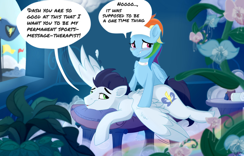 duo embarrassed english_text equid equine female feral friendship_is_magic hi_res horse male male/female mammal massage my_little_pony pegasus pony rainbow_dash_(mlp) rutkotka soarin_(mlp) spa text wings wonderbolts_(mlp)