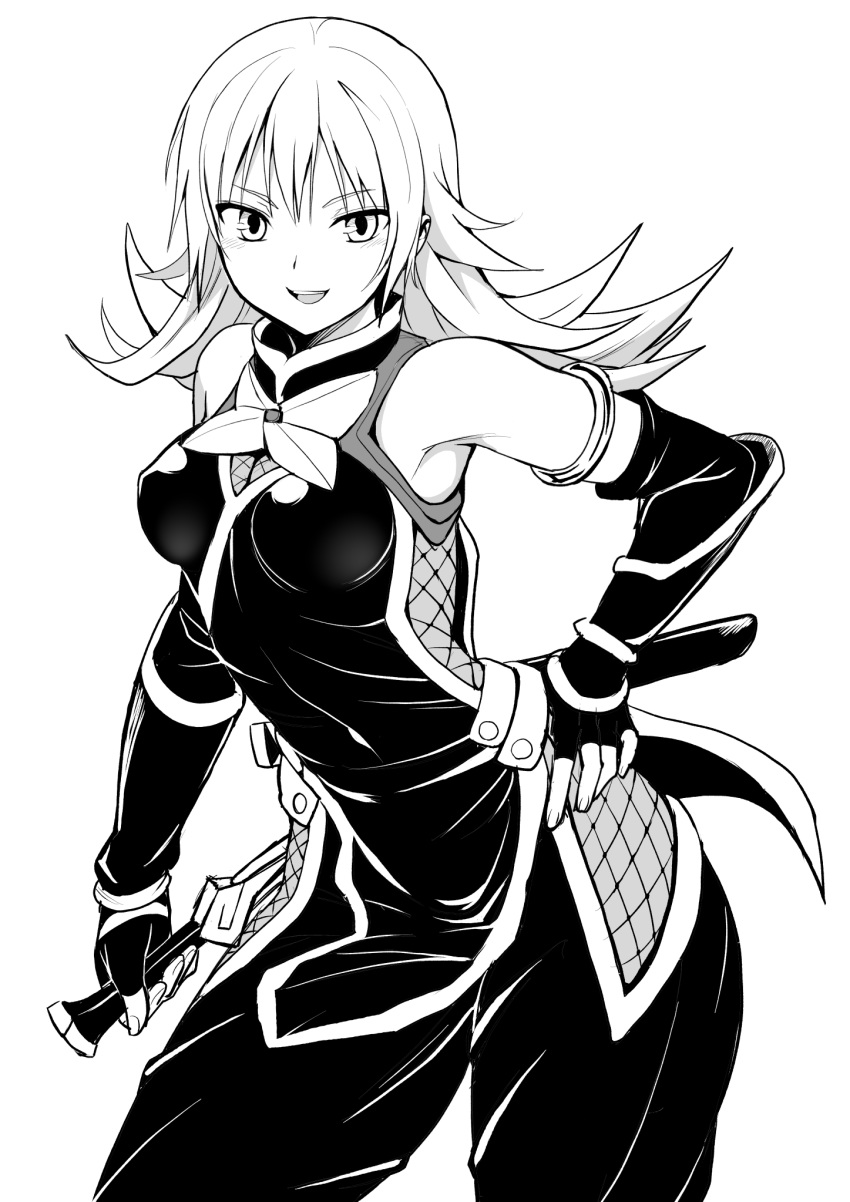 1girl armlet ayakashi_triangle bare_shoulders cowboy_shot detached_sleeves genderswap genderswap_(mtf) greyscale hand_on_hip highres kazamaki_matsuri long_hair monochrome ninja ninjatou short_sword sword tobio_(honya) weapon