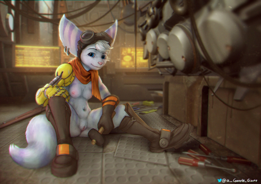 2020 absurd_res anthro blue_eyes boots breasts clothing ear_piercing ear_ring eyewear female footwear genitals goggles goggles_on_head hi_res lombax mammal nipples piercing pink_nose pussy ratchet_and_clank rift_apart_lombax robotic_arm scarf smile solo the_gentle_giant tools video_games