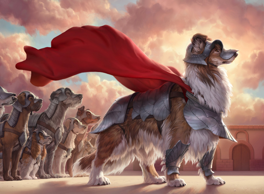 2020 4_toes ambiguous_gender armor brown_body brown_fur canid canine canis caraid day detailed_background digital_media_(artwork) domestic_dog feral fur group mammal outside sky toes white_body white_fur